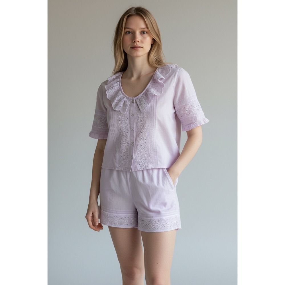 Women's Medium Pink Pajama Set Ruffle Collar Top & Shorts‎ Boho Cottagecore